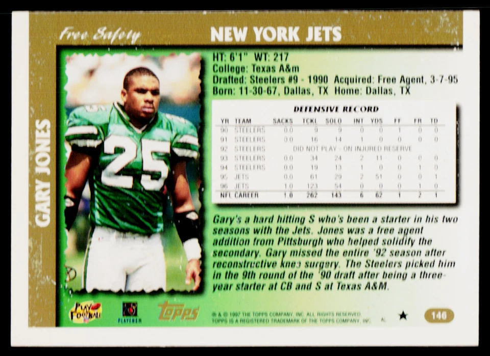 Gary Jones, 1997 Topps, #146, New York Jets, Football Card - Image 2 of 2