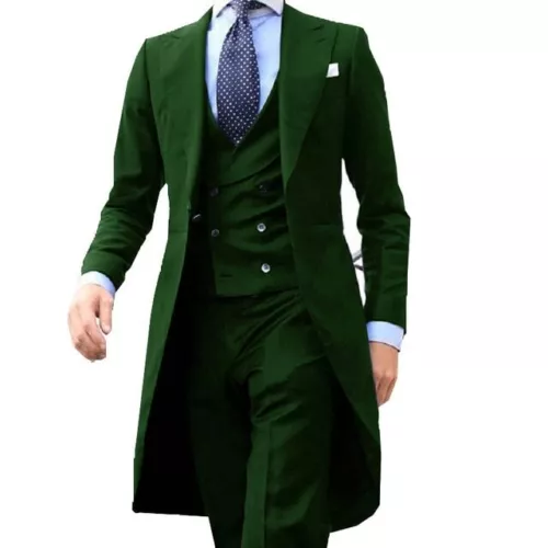 Men Formal Suit Long Blazer Jacket+Vest+Pants 3 Pieces Set New Male Costume - Picture 18 of 27