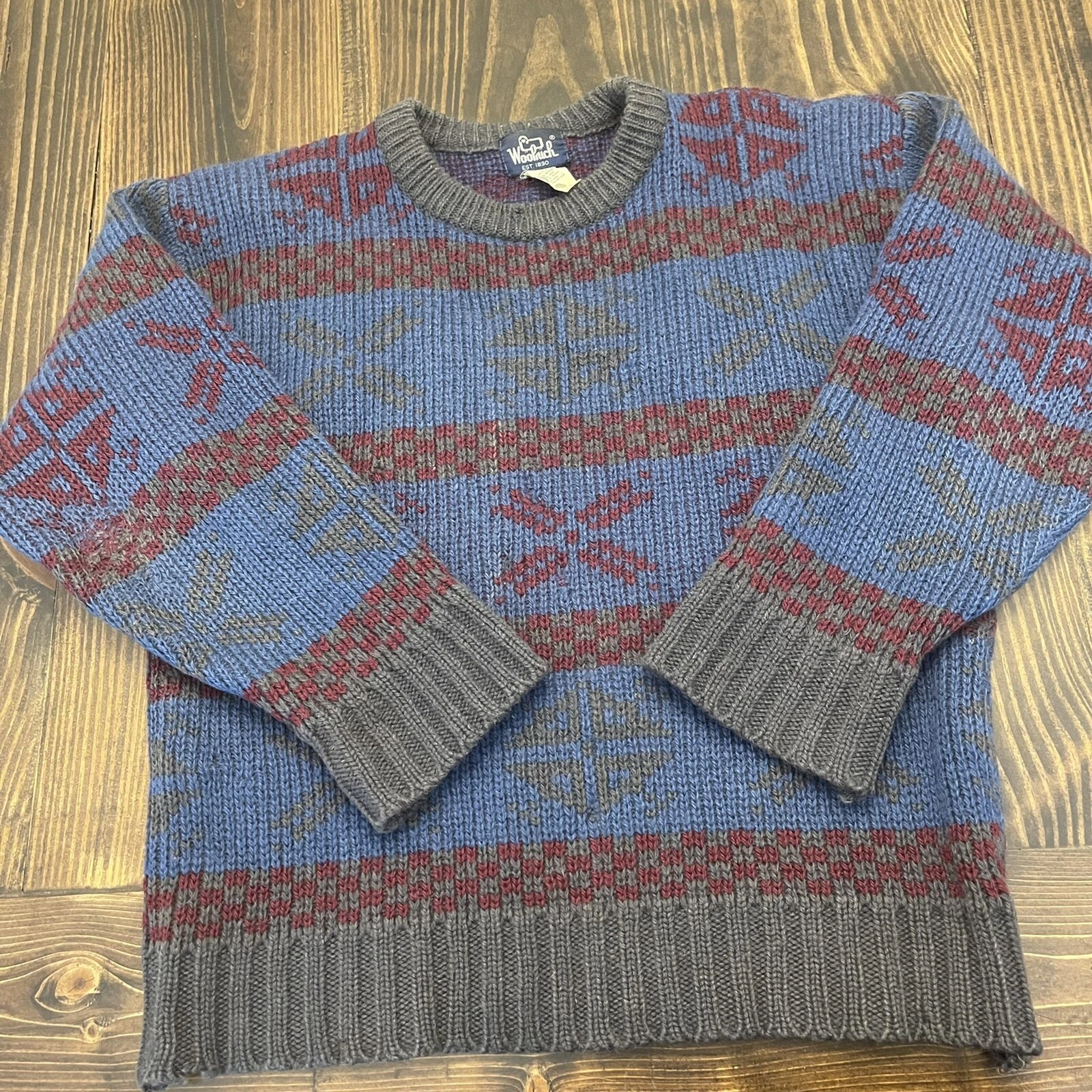 Vtg Mens Woolrich Mohair Geometric Wool Sweater Size Large Blue Gray Burgundy
