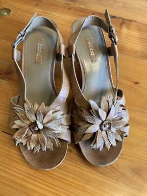 ECCO Kalac Flower Wedge Sandals Women's 38 US 7.5 Brown Leather Slingback Heels