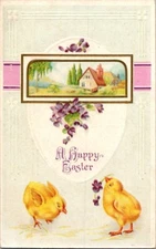 Vintage Antique Postcard Easter Blessings Baby Chicks Country Farm Home Art  P01