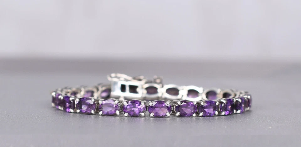 Brazalete de tenis ovalado amatista púrpura natural platino sobre plata de ley 6,5 pulgadas Foto 4 de 4