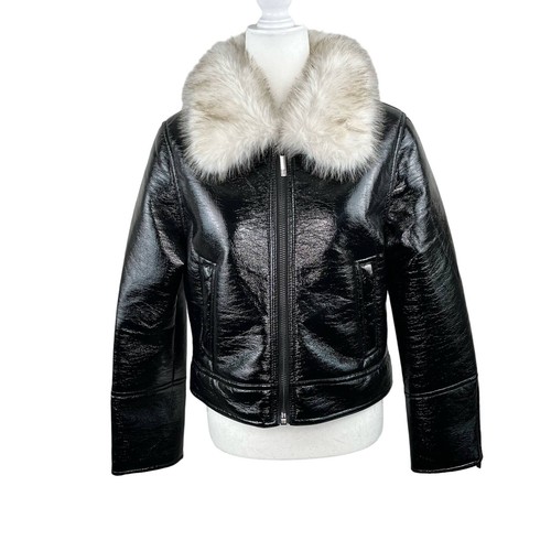 Giacca biker aviatore Unreal Fur wet look ecopelle e pelliccia nera taglia large nuova con etichette - Foto 3 di 24