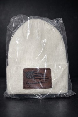 White Knit Beanie Hat We The People Leather Patch Cuffed Winter Cap Unisex