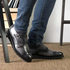 Tailor Hand Made Grey Patina Double Monk Strap Shoes with Modern Ripple Sole