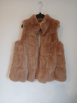  Belle Fare Womens BROWN Quilted Faux Fur Swing Vest Jacket Size L