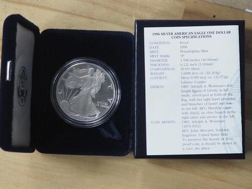 1996-P $1 AMERICAN SILVER PROOF EAGLE w/OGP & COA - FREE SHIPPING!