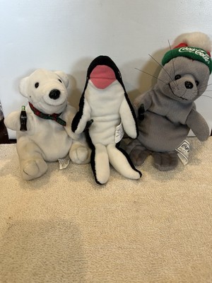 Lot Of 3 Vintage Coca 90 s Cola Plush Bear Seal Orca