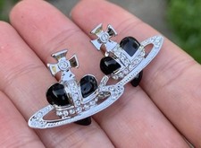 Vivienne Westwood Diamante Black Heart Orb Earrings Silver Studs Earring new