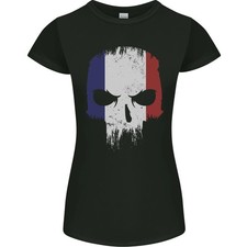 Camiseta Francesa Calavera Francia Gimnasio Motociclista Bandera Mujer Corte Pequeño