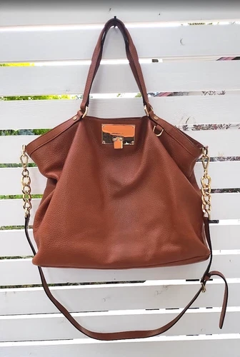 Michael Kors Shoulder Bag Tote Cognac Soft Grain Leather Chain Crossbody Strap