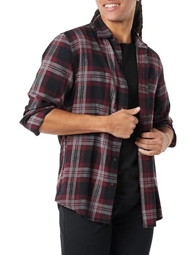Amazon Essentials Herren Flanellhemd Langarm Schwarz Burgunderrot Grau Karo L-image
