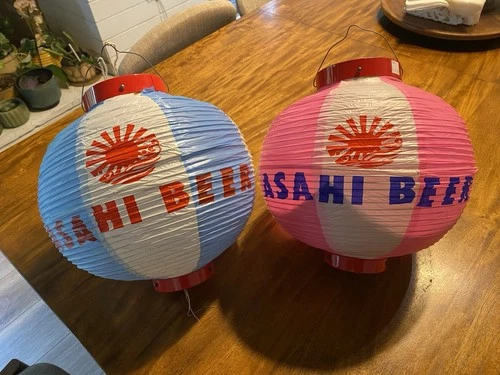 2 Vintage Japanese folding plastic Metal lantern Asahi Beer Advertisements Signs