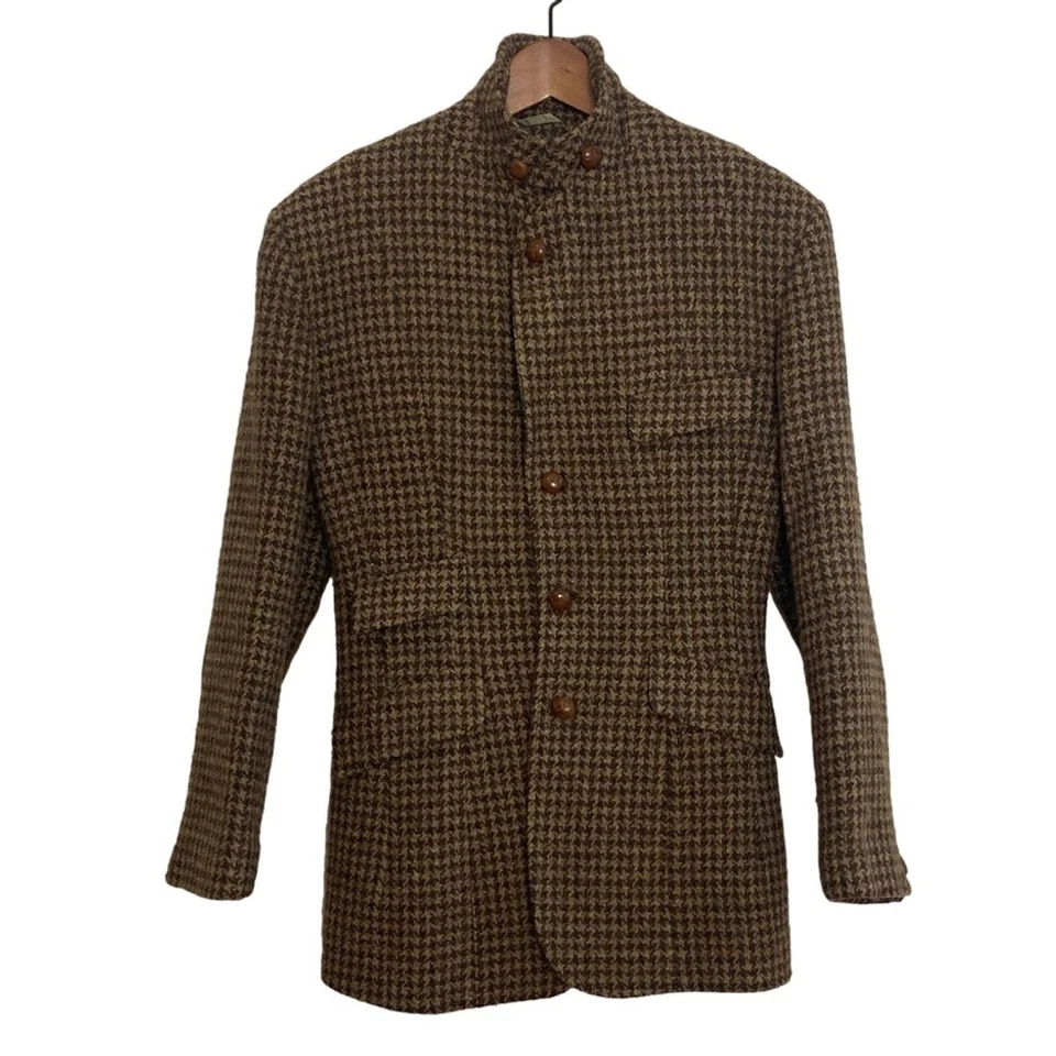 Vintage Club Monaco Blazer Womens 6 Brown Houndstooth Tweed Leather Elbow Patch Foto 2 de 4