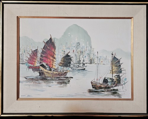 Vintage Signed & Framed Oil & Impasto Junk Boats Painting - 第 1/8 張圖片