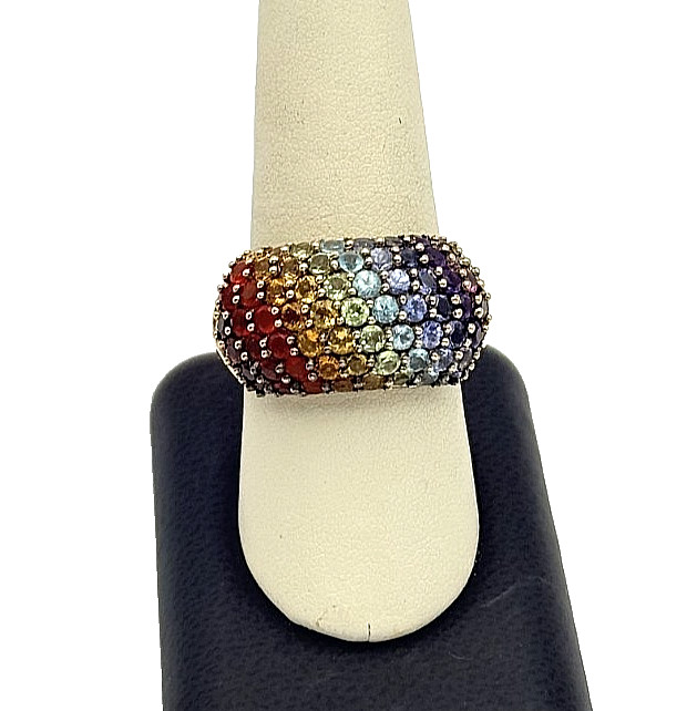 Gold Plated 925 Sterling Silver Multi-Stone Rainbow Ring - Size 10.5