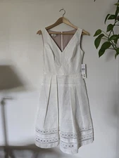 New Kay Unger New York 6 A Line Fit N Flare V Neck Short Ivory Sleeveless Dress