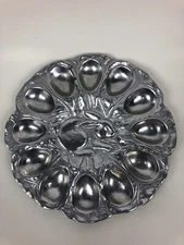 Bunny Rabbit Pewter Deviled Egg Plate Platter Dish Tray 11" Farmhouse Chic