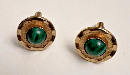 Vintage Pair Of Gold Tone Metal Malachite Cabochon Cufflinks - Picture 2 of 6