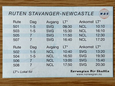 NORWEGIAN AIR SHUTTLE FAHRPLAN Undatiert (ca. 2001/2002) FAHRPLAN Norwegen