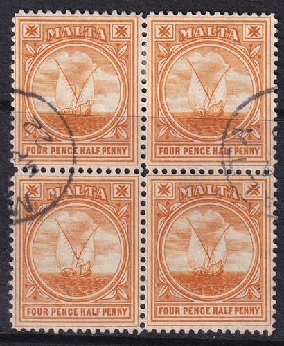 MALTA EDVII SG58, 1/2d orange - 4er Block - FEIN GEBRAUCHT.