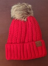 Adult C.C Thick Red Cable Knit Faux Fuzzy Fur Pom Fleece Lined Cap Cuff Beanie