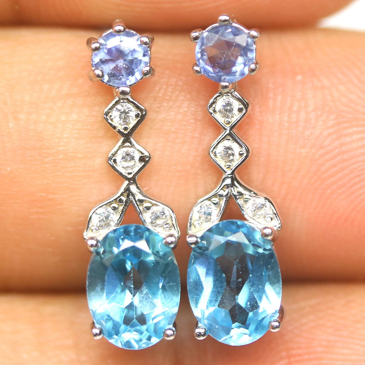 Sterling Silver Swiss Blue Topaz And White CZ Post Dangle Earrings Sterling Silver Swiss Blue Topaz And White CZ Post Dangle Earrings