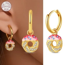 KUNSIR 925 Sterling Silver Golden Donut Dangle Hoop Huggie Earrings For Women