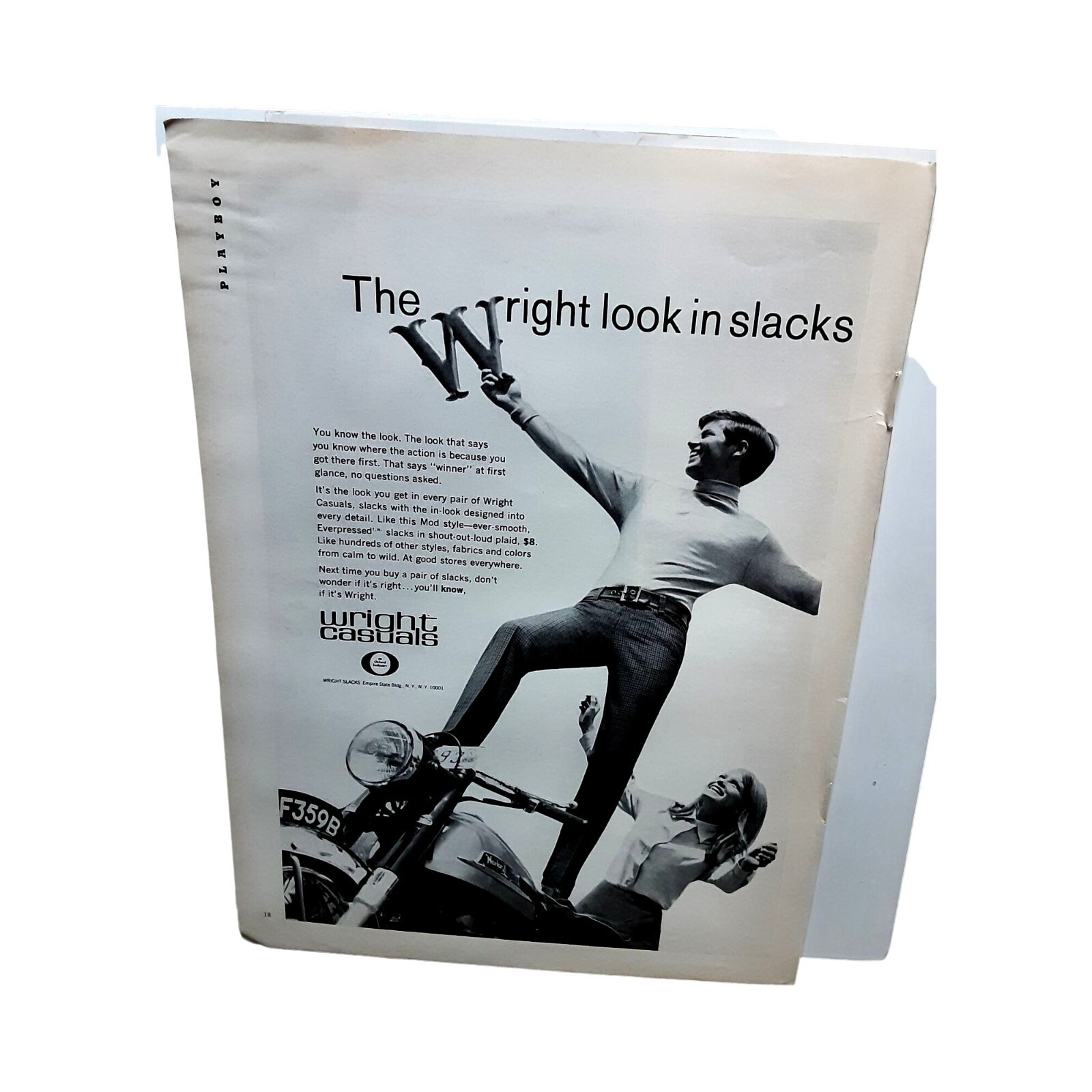 1967 Wright Mens Slacks Man On Motorcycle Vintage Print Ad 60s Original