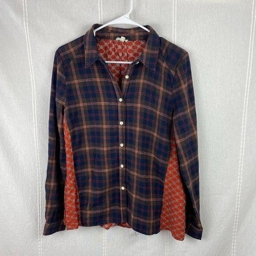 Hem & Thread Flannel Plaid Floral Button Down Shirt Brown Orange Checkered M