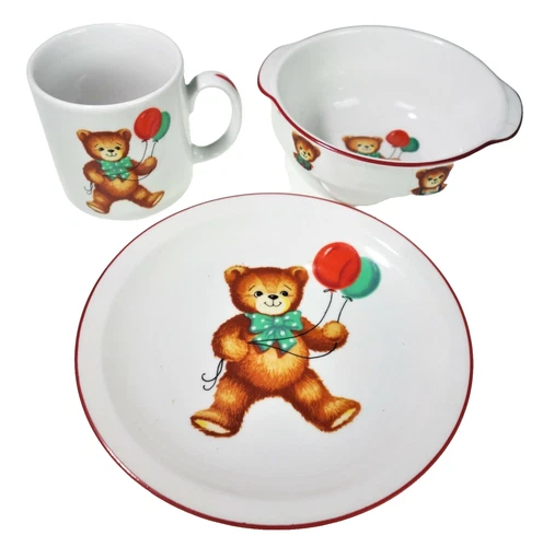 Reutter Porcelain West Germany Child Dish Set Cup Plate Bowl Teddy Bear Balloons