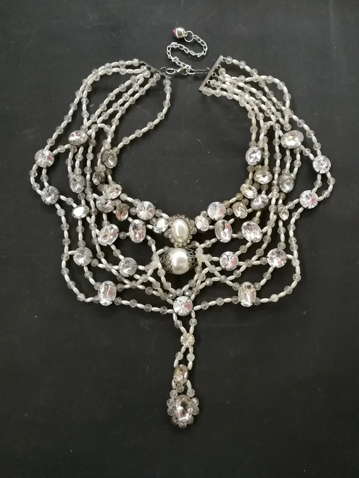 luxury jewelry woman necklace style crystal strass pearl pendant layered bib bid - Image 2 of 4