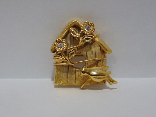 Vintage Birdhouse Brooch Pin Gold Tone Birdhouse Bird Flowers