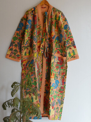 Farida Druck indische Baumwolle Kantha langer Kimono Morgenmantel Frau handge...