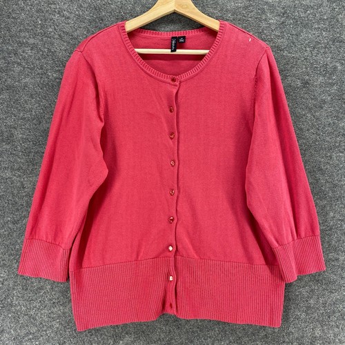 Relativity Cardigan Women 1X Plus Pink Cotton Crew Neck Button Up 3/4 Sleeve