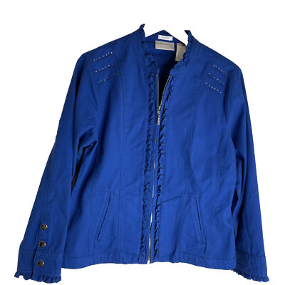 Drapers & Damon s petite stretch blue full zip snap closure wrist embellished PS