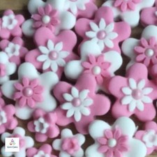 32 Edible PINK & WHITE Fondant Sugar Flowers Cake cupcake toppers Decorations