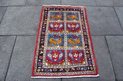 Vintage Handgeknüpfter Traditioneller Orientteppich Wolle Rot Blau Klein 110x73cm Tier