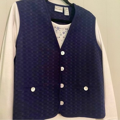 NWT Coastal Grandma Quilted Blue Vest Attached Embroidered Top MOP Buttons Med