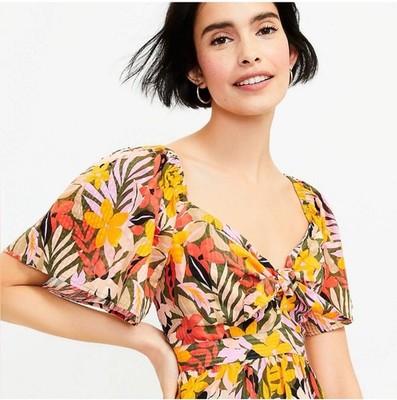 LOFT Tropical Flutter Tie Neck Top - XS