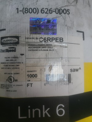 Huibble  Cat6 Plenum Blue 4PR 23AWG Ethernet Cable. 1000ft C6rpeb