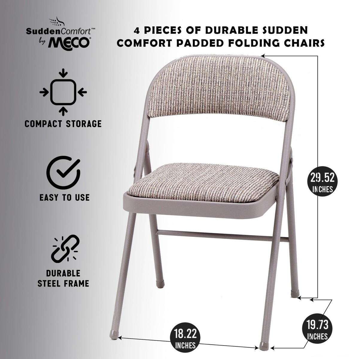MECO Sudden Comfort Metal Fabric Padded Folding Chair, Gray (4