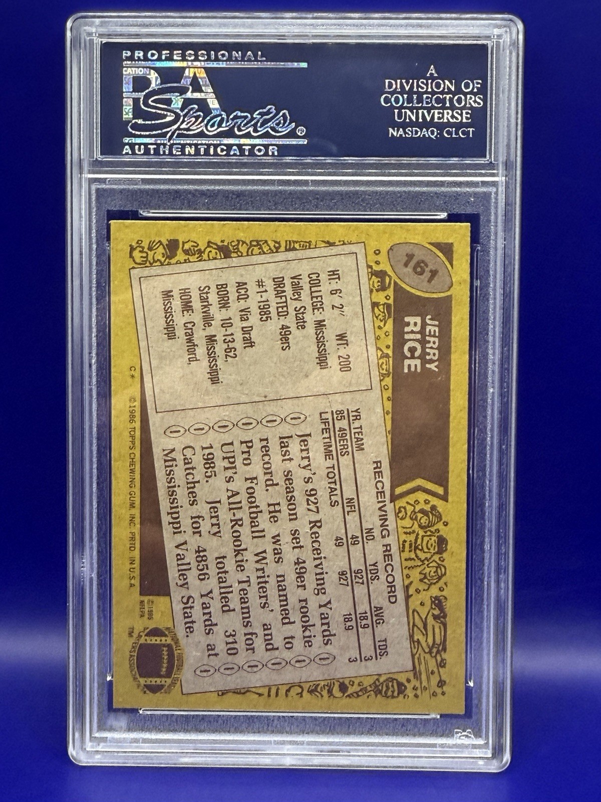 1986 Topps Jerry Rice Rookie RC #161 Auto PSA/DNA Authentic On Card Signature view 2