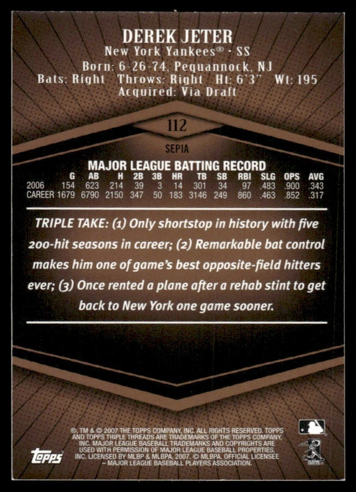 2007 Topps Triple Threads Sepia Derek Jeter 431/559 New York Yankees #112 - Image 2 of 2