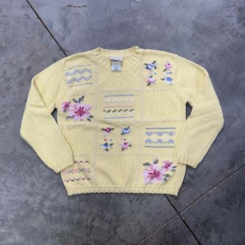 Vintage Northern Reflections Blumen Strick gelb Damen kleiner Pullover 90er Oma