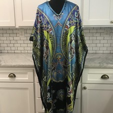 Vintage Sante Caftan Dress Womens One Size Blue Green Paisley Bohemian Hippie