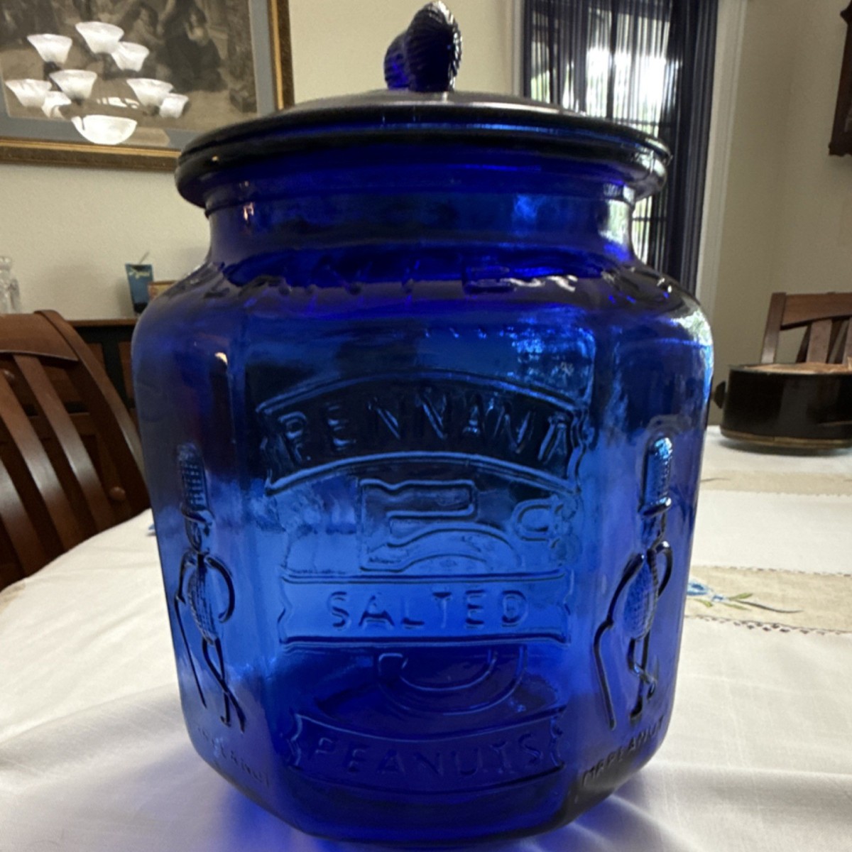 Pennant Cobalt blue Hexagonal Salted Mr Peanut Jar with peanut Lid