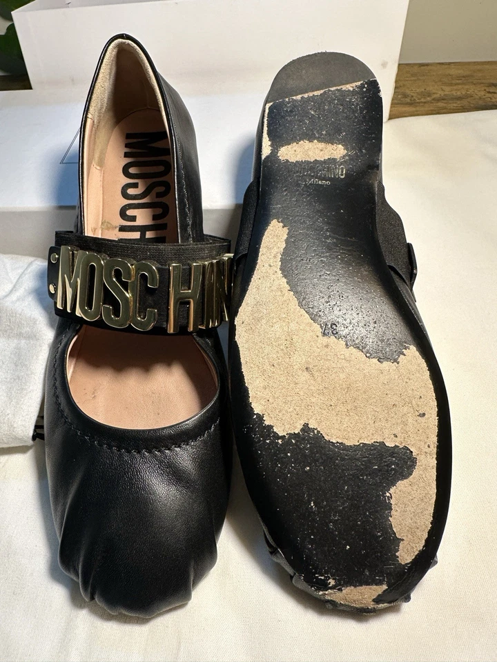 Moschino Couture Leather Ballet Flats With Gold Metal Logo Black Sz 37 - Image 3 of 4