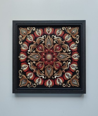 Hand painted Mandala Art Red and Gold Painting Decorative Framed Artwork 9inch