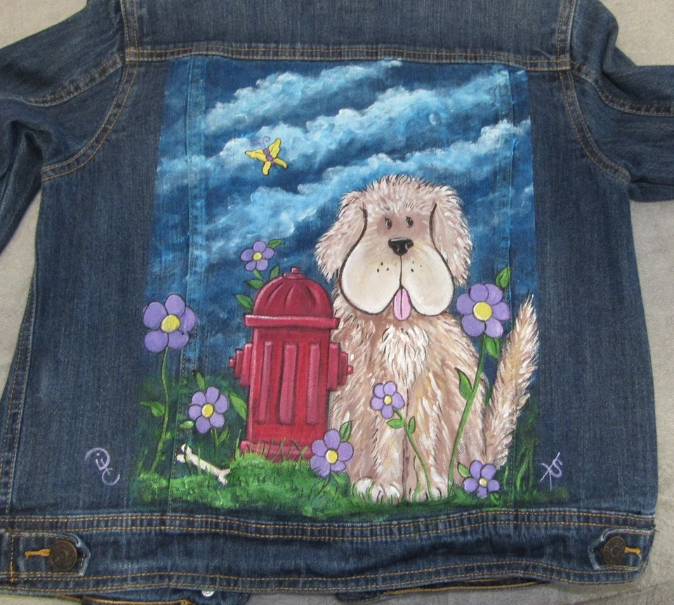 Chaqueta de mezclilla Floppy Dog pintada a mano para niña talla XL 14/16 arte único Foto 2 de 4